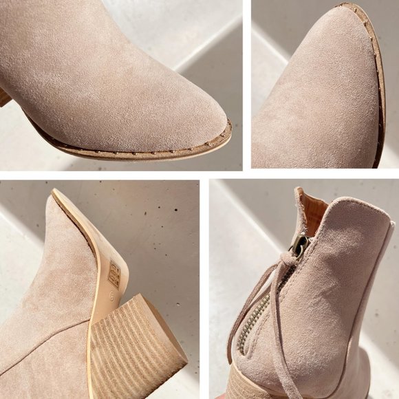 NEW Taupe Faux Suede Pointed Toe Rivet Mini Studded Block Heel Ankle Bootie Boot - Picture 11 of 16